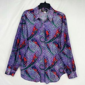 Silver Threads Womens Large Vintage Button Up Shirt Purple Red Silver Paisley LS